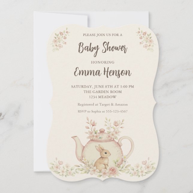 Invitation Neutral Bunny & Floral Teapot Baby Shower  (Devant)