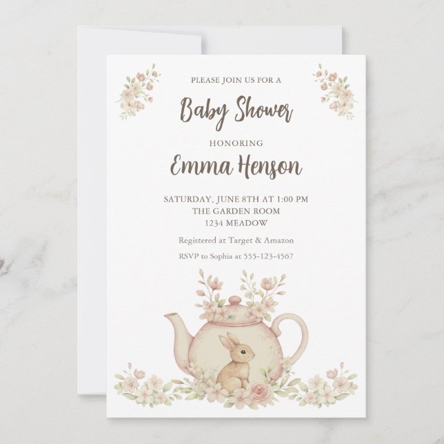 Invitation Neutral Bunny & Floral Teapot Baby Shower  (Devant)