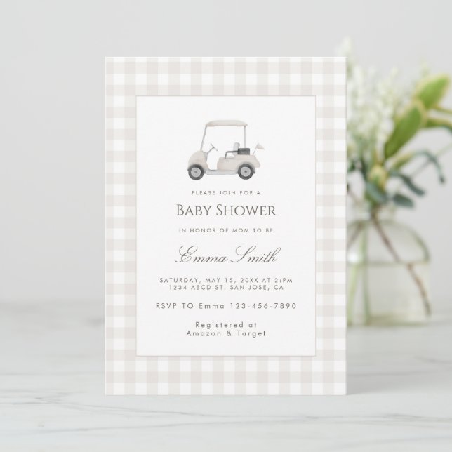 Invitation Neutral Gingham Golf Cart Baby Shower (Debout devant)