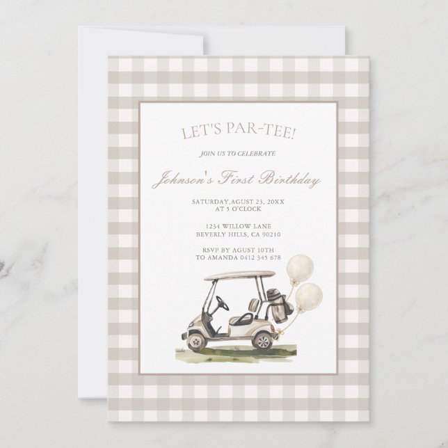 Invitation Neutral Gingham Golf Cart Boy Birthday  (Devant)
