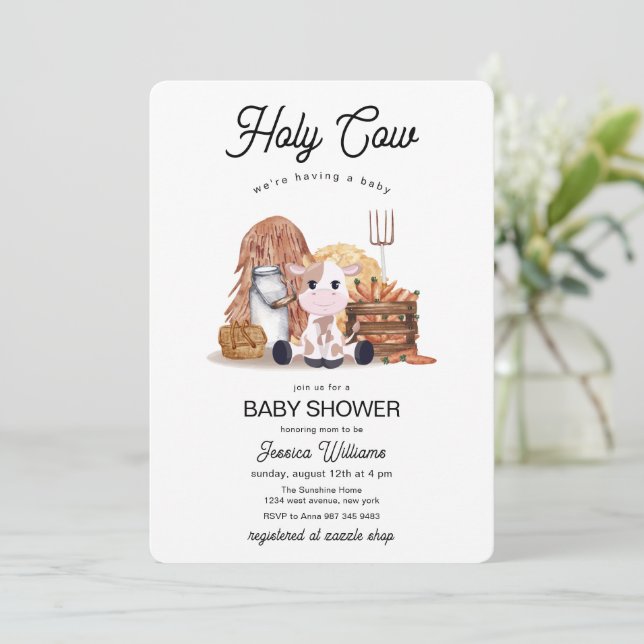 Invitation Neutral Holy Cow Farm Animals Baby Shower  (Debout devant)