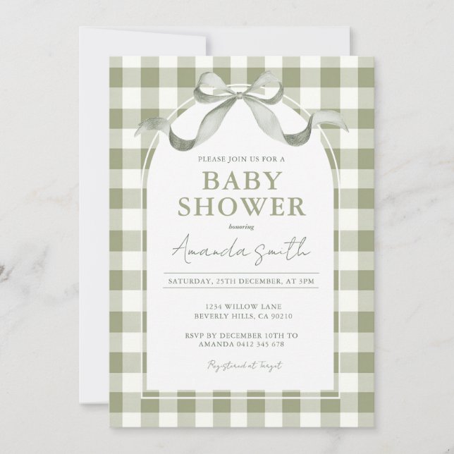 Invitation Neutral Preppy Sage Bow Baby Shower (Devant)