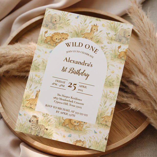 Invitation Neutral Safari Wild One Floral First Birthday (Créateur téléchargé)