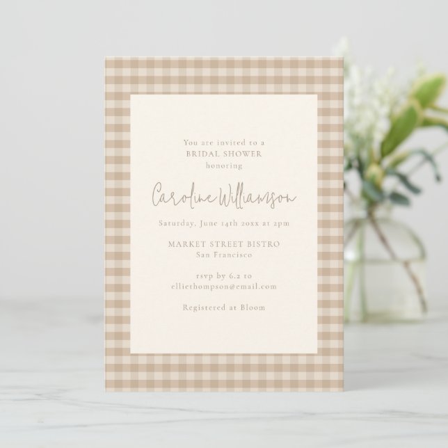Invitation Neutral Taupe Beige Gingham Carreaux Mariage (Debout devant)