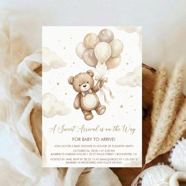 Invitation Neutral Teddy Bear Baby Shower bow Green Balloons (Créateur téléchargé)