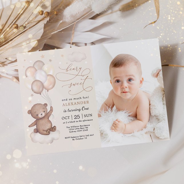 Invitation Neutral Teddy Bear Balloons 1st Birthday Party (Créateur téléchargé)