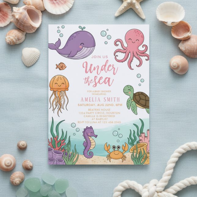 Invitation Neutral under the sea ocean corals baby shower (Créateur téléchargé)