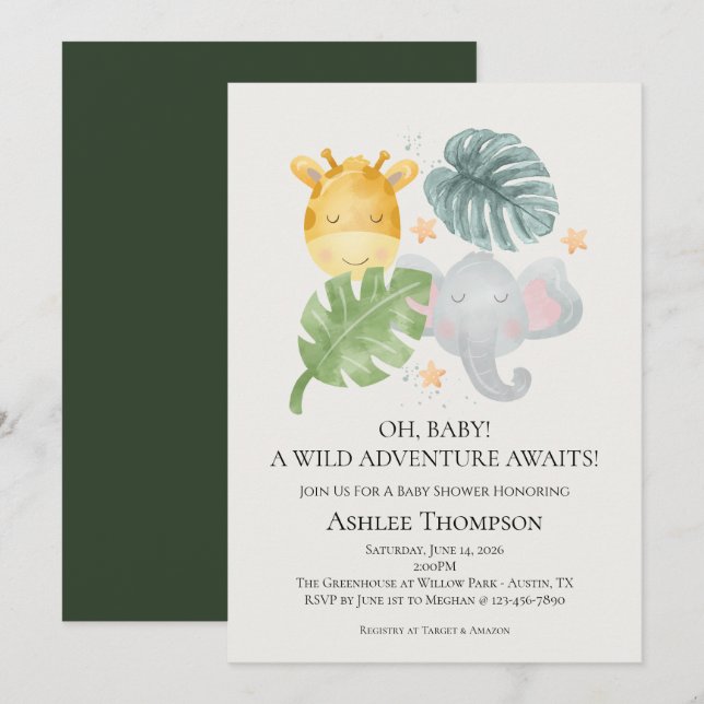 Invitation Neutral Watercolor Jungle Animals Baby Shower (Devant / Derrière)