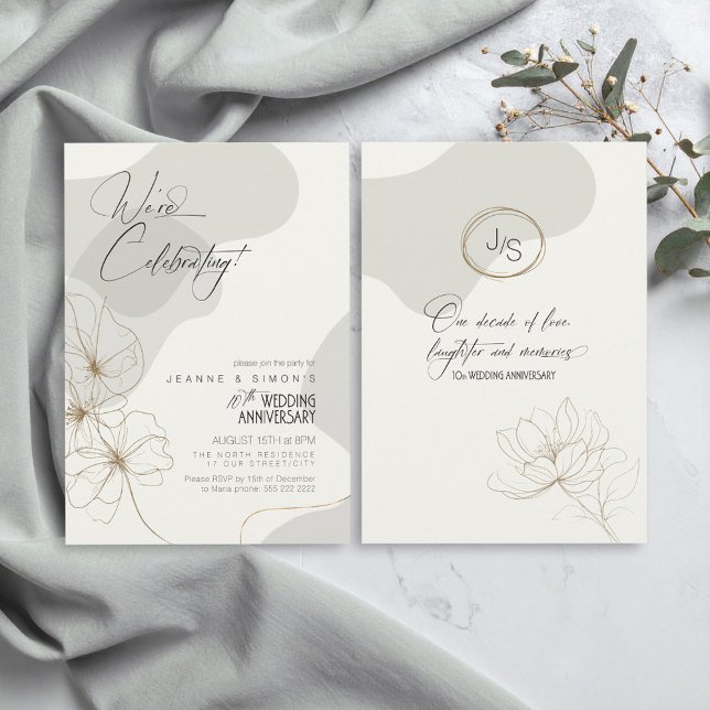Invitation Neutraux floraux cursifs 10e anniversaire ID1168 (Créateur téléchargé)