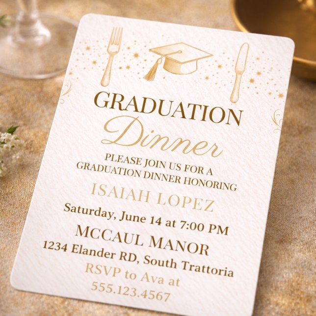 Invitation neutre et douce pour le dîner (Soft cream and champagne tones set the scene for a refined graduation dinner gathering)