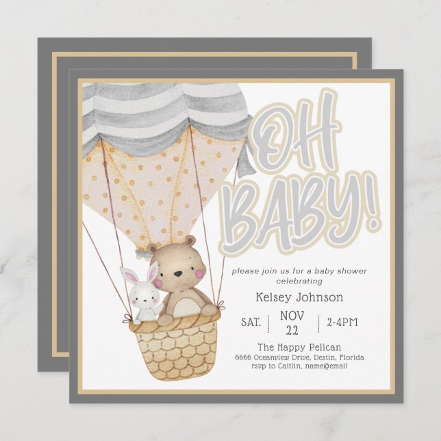 Invitation Neutre Oh Baby Bois Baby shower Animaux (Devant / Derrière)
