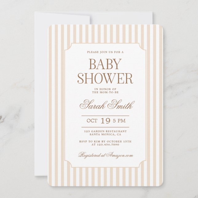 Invitation neutre pour baby shower à rayures beige (Devant)