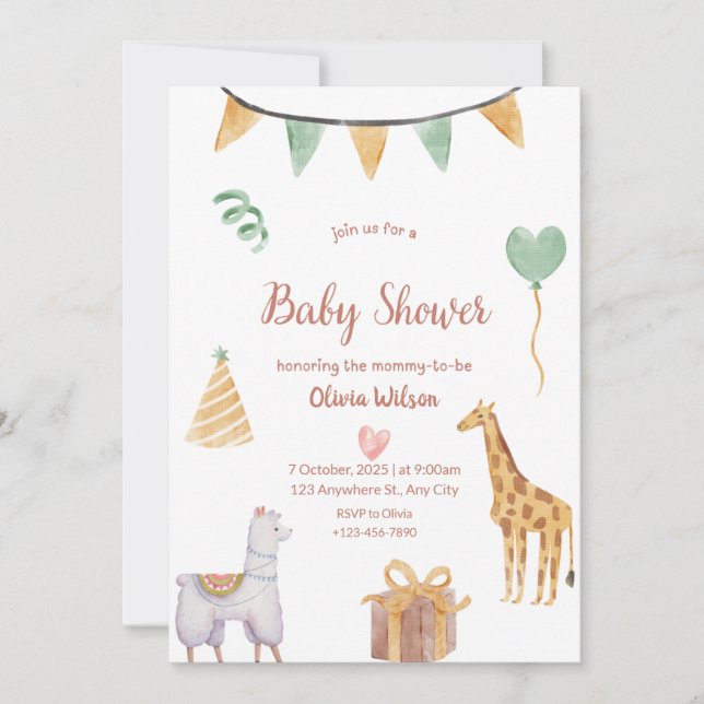 Invitation neutre pour bébé avec thème animalier p (Devant)