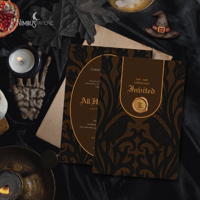 Invitation Nevermore Damask Brun Foncé Luxe Halloween  (Créateur téléchargé)