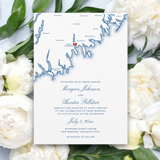 Invitation New Bedford MA Map Elegant Navy Blue Wedding (New Bedford MA Wedding Invitation in Elegant Navy Blue by Coastal Map Designs)