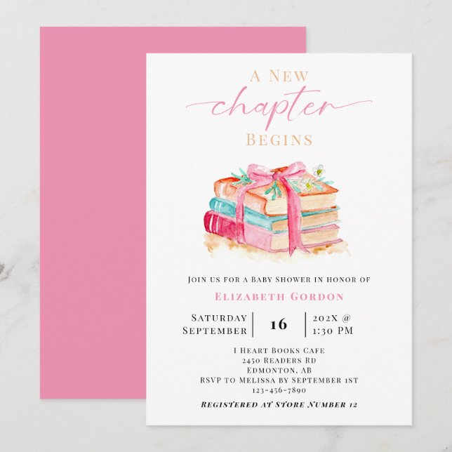 Invitation New Chapter Baby Shower Book Watercolor Storybook (Devant / Derrière)