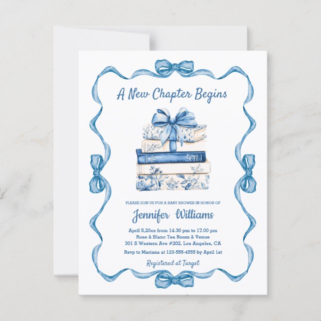 Invitation  new chapter begins blue ribbon books baby shower  (Devant)