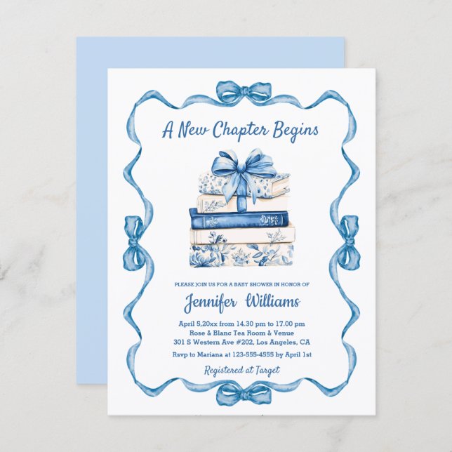 Invitation  new chapter begins blue ribbon books baby shower  (Devant / Derrière)