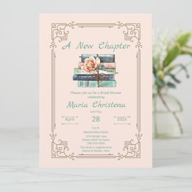 Invitation New Chapter Begins Bridal Shower Book Stack Floral (Debout devant)