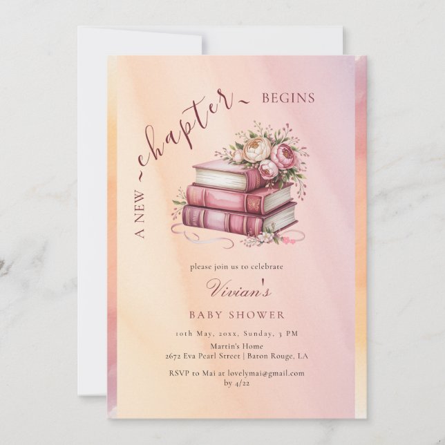 Invitation New Chapter Begins Floral Books Baby Shower (Devant)