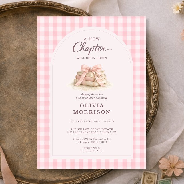 Invitation New Chapter Begins Pink Gingham Baby Shower (Créateur téléchargé)