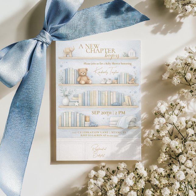 Invitation New Chapter Begins Storybook Boy Blue Baby Shower (Créateur téléchargé)