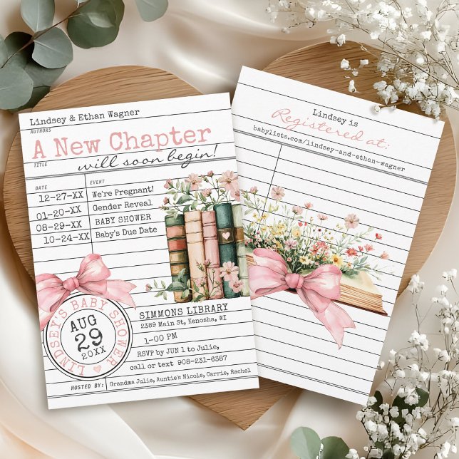 Invitation New Chapter Library Card Book Bow Baby Girl Shower (A New Chapter floral books wildflower pink bows library card cute modern baby girl shower invitation)
