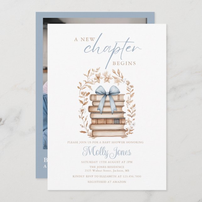 Invitation New Chapter Storybook Blue Baby Shower Photo (Devant / Derrière)