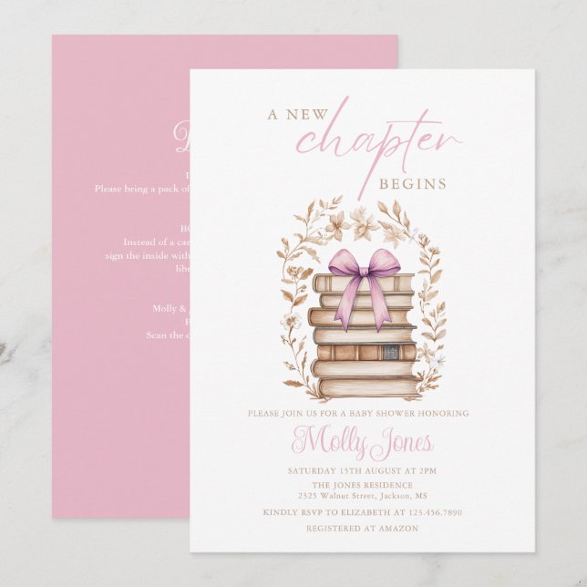 Invitation New Chapter Storybook Pink Baby Shower All In One (Devant / Derrière)
