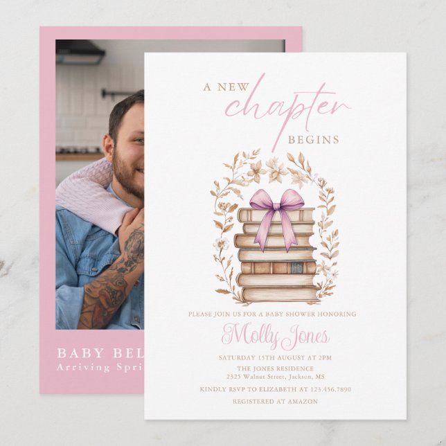 Invitation New Chapter Storybook Pink Baby Shower Photo (Devant / Derrière)