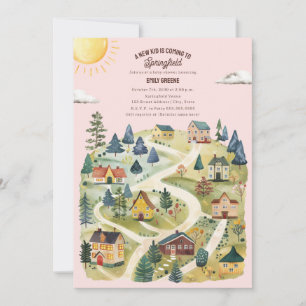 Invitation New Kid Hometown Watercolor Pink Fall Baby shower