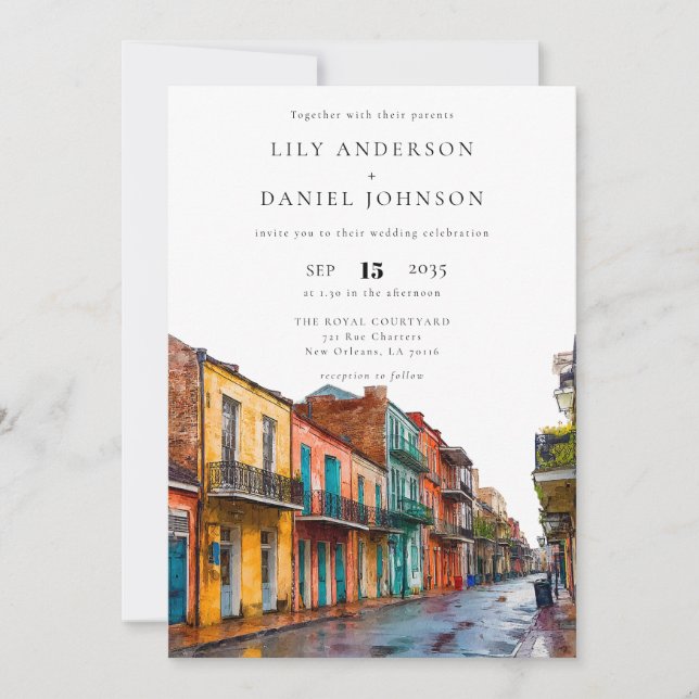 Invitation New Orleans Watercolor All In One Wedding (Devant)