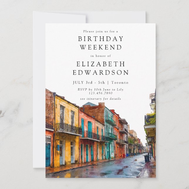 Invitation New Orleans Watercolor Birthday Weekend (Devant)