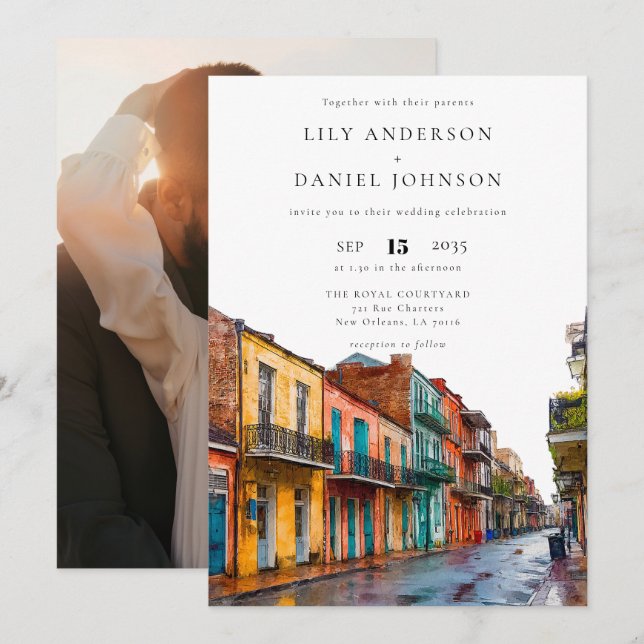 Invitation New Orleans Watercolor Destination Photo Wedding (Devant / Derrière)