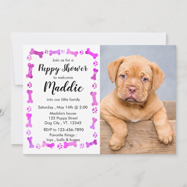 Invitation New Puppy - Rose Girl New Pet - Chien Birthday Pup (Devant)