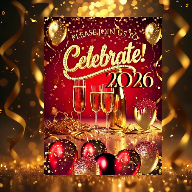 Invitation New Year’s Eve Party Red Gold Champagne Streamers (Créateur téléchargé)