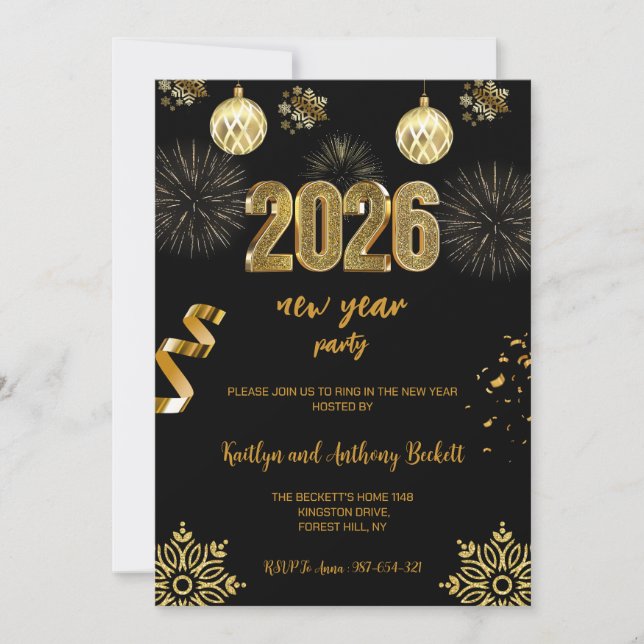 Invitation New Year's Eve Party Black & Gold Balloon Confetti (Devant)
