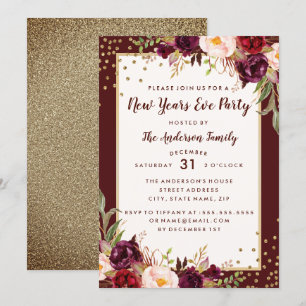Invitation New Years Eve Party Bourgogne Gold Floral Invitati