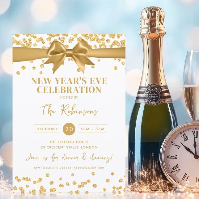 Invitation New Years Eve Party Gold Glitter Confetti & Bow (New Years Eve Party Gold Glitter Confetti & Bow Invitation)