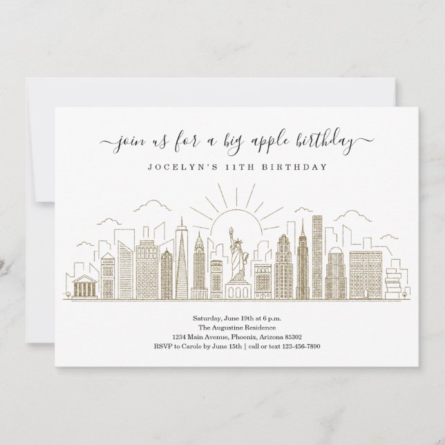 Invitation New York City Big Anniversaire Apple Party Gold (Devant)