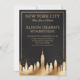 Invitation New York City Skyline 50th Birthday Black & Gold