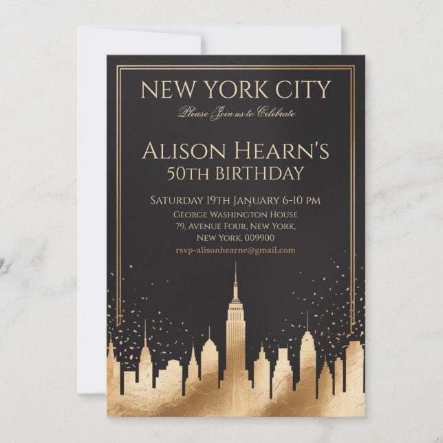 Invitation New York City Skyline 50th Birthday Black & Gold (Devant)