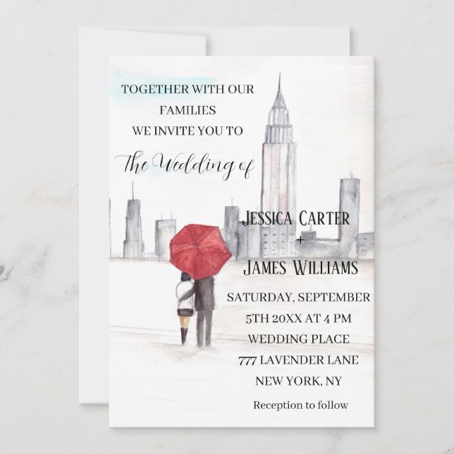 Invitation New York City Watercolor Destination Mariage chic (Devant)