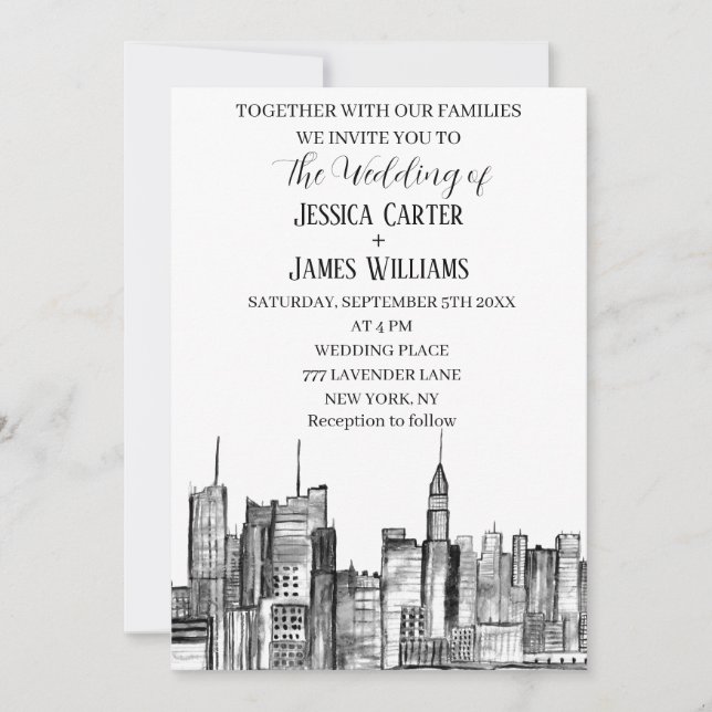 Invitation New York City Watercolor Destination Mariage chic (Devant)