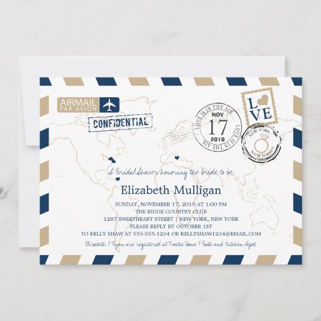 Invitation New York et New Jersey Airmail | Fête des mariées (Devant)