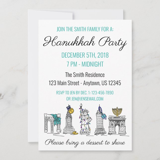 Invitation New York Hanoukka NYC Landmarks Jewish Holiday (Devant)