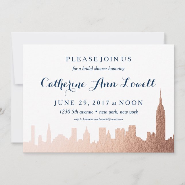 Invitation New York Skyline Faux Rose Gold Fête des mariées (Devant)