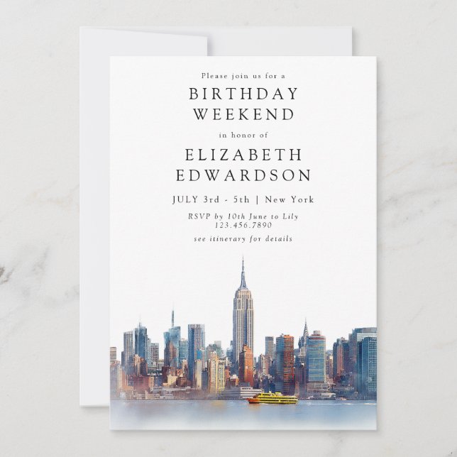 Invitation New York Watercolor Birthday Weekend (Devant)
