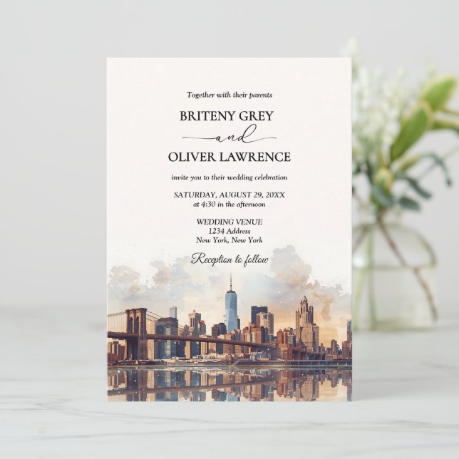 Invitation New York Watercolor Skyline Destination Wedding (Debout devant)