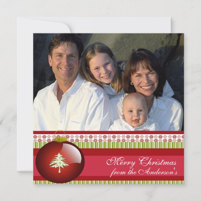 Invitation Newsletter on Back Red Ornament Christmas Card (Devant)